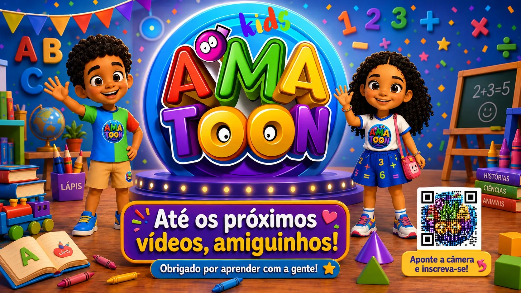 Arte AMATOON Kids com Maria, Tito e a logo oficial